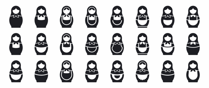 Russian nesting dolls icons isolated on white background. Traditional wooden toy figures. Matryoshka, dolls, figures. Minimalist design for branding, packaging, merchandise. Vector illustration.