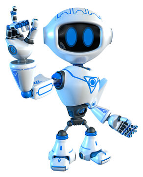  robot with blue graphics and large eyes looking at the camera with its right arm raised