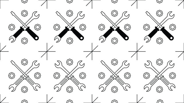 Seamless pattern of crossed wrench and screwdriver line tools with nuts isolated on white background for repair service concept  