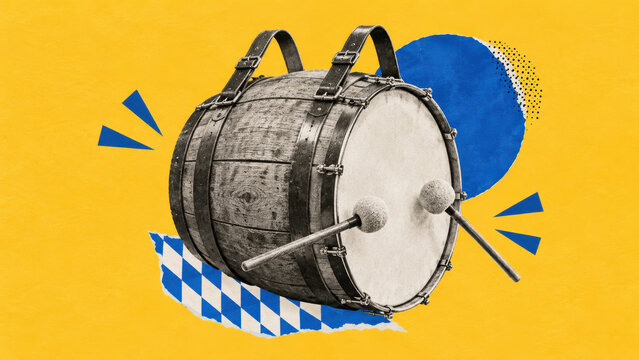 Wooden beer barrel turned into a marching band drum with leather straps and mallets on Bavarian diamond pattern.