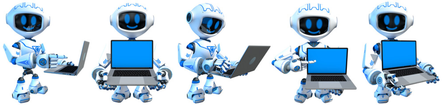 Set of a small white robot with blue graphics, smiling and displaying an open laptop with a blue screen