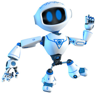 white robot with blue graphics and large eyes, dancing by lifting its left leg and stretching out its arms