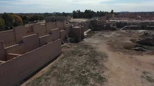 Drone flyover of the ruins of ancient Babylon, Iraq