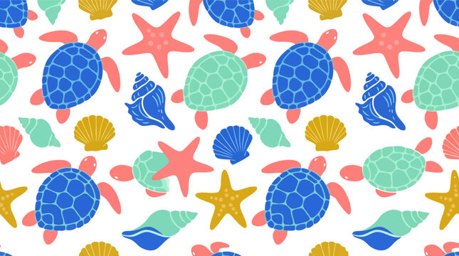 Seamless pattern with cute cartoon sea turtles starfish and seashells for kids design Vector