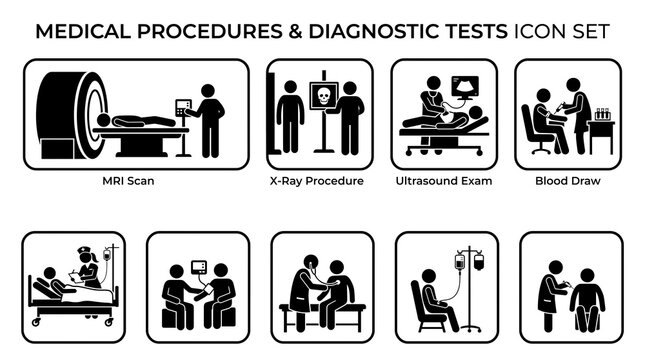 Medical procedures and diagnostic tests icon set, minimalist healthcare pictograms, black and white hospital symbols