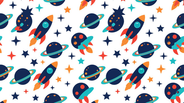 Seamless pattern with cute space rockets and planets with stars for kids textile or wallpaper design Vector