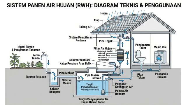 Professional Diagram of Rainwater Harvesting System RWH Technical Layout Usage with Labeled Components in Blue and Black