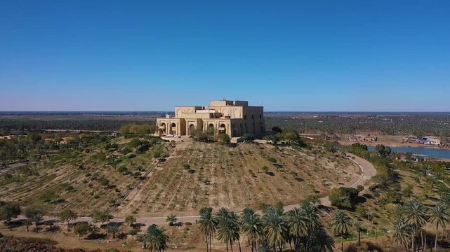 Aerial view of the hilltop palace overlooking the ruins of Babylon, Iraq
