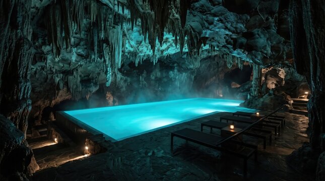 Bioluminescent pool inside a limestone cave