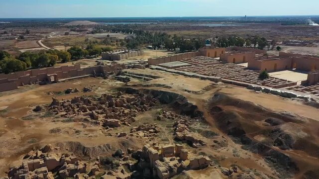 High-angle aerial view of the ruins of ancient Babylon, Iraq