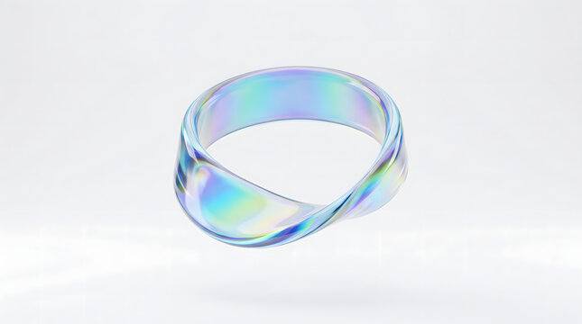 3D render of a holographic glass Moebius strip floating on a white background