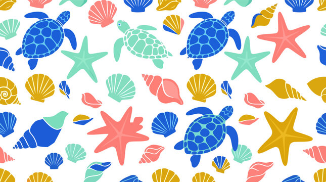 Seamless pattern with cute sea turtles starfish and colorful seashells in summer style Vector