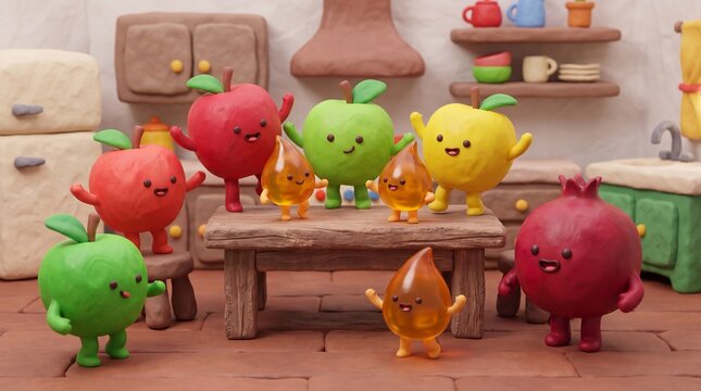 whimsical animation style, playful cartoon apples and a pomegranate dance around a vibrant table