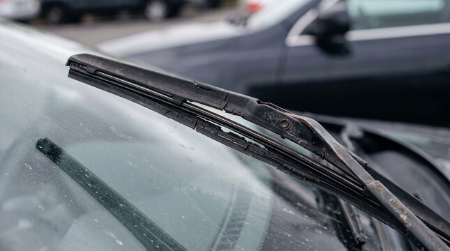 Cracked windshield wiper blade rubber, worn automotive part requiring replacement for safe driving