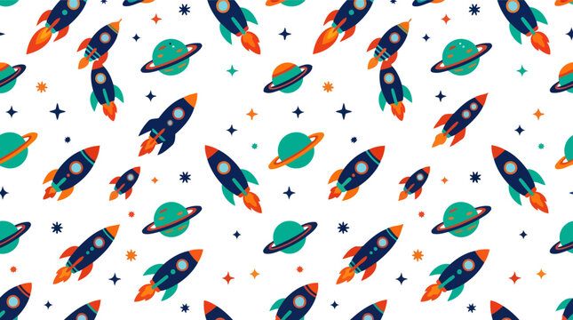 Seamless pattern with colorful space rockets and planets for kids fabric and wrapping paper design Vector