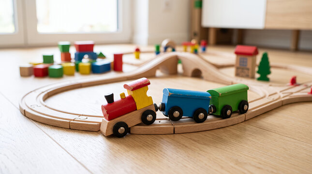 Wooden toy train derailed from track, children's railway set, imaginative play and learning concept