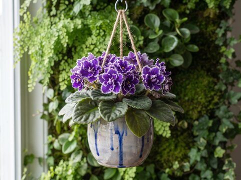 Purple African violet blooming in a hanging ceramic pot against green