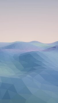 Vertical low poly geometric landscape hills ripple softly in pastel blue and violet ambient lighting in a 3D loop