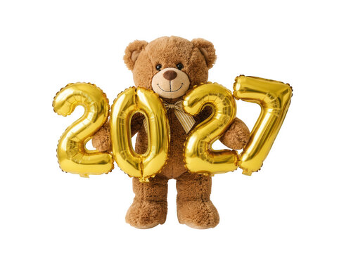 Cute teddy bear holding golden twenty twenty seven balloons isolated
