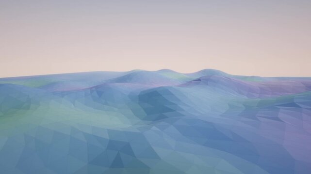 Low poly geometric terrain waves undulate smoothly in soft blue and purple pastel tones in a 3D landscape animation