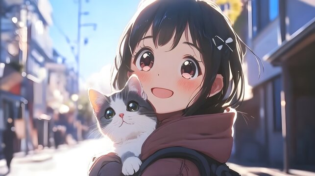 Anime girl with a cute cat on her shoulder urban streak