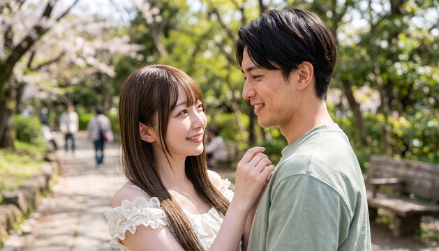 Young Japanese couple smiling and looking at each other in a park during spring cherry blossom season