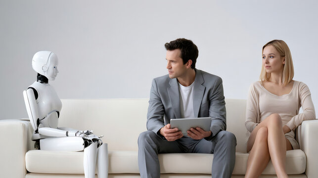 A robot and two people sitting on a sofa, discussing technology and artificial intelligence integration in daily life. Futuristic communication and teamwork concept.
