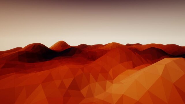 Low poly desert landscape with orange and crimson polygonal mountains stretches under a warm sky in 3D animation