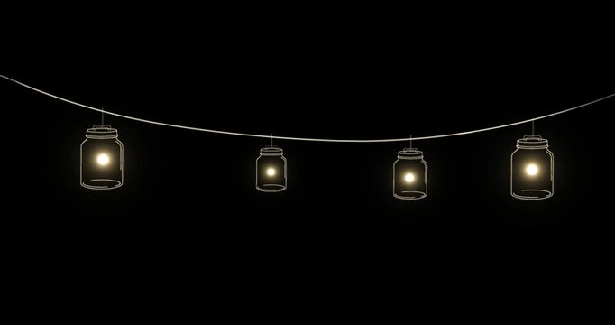 Glowing mason jar string lights hanging on a black background. Rustic decorative fairy lights animation for festive motion graphics