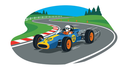 Obraz premium Vintage Formula 1 Car Racing on Track, Driver in Helmet, Retro Motorsport