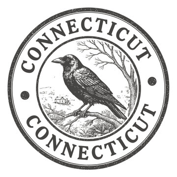 Raven perched on branch within a circular connecticut state seal illustration