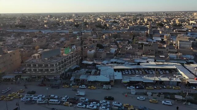 Drone flyover of the city center of Hilla, Iraq