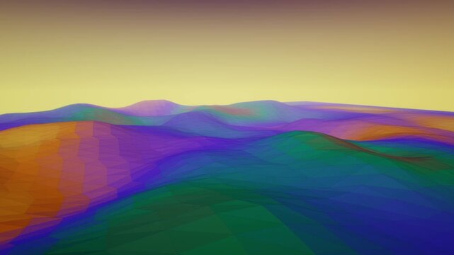 Vibrant rainbow colored low poly terrain waves drift beneath a yellow ambient sky in a stylized 3D landscape loop
