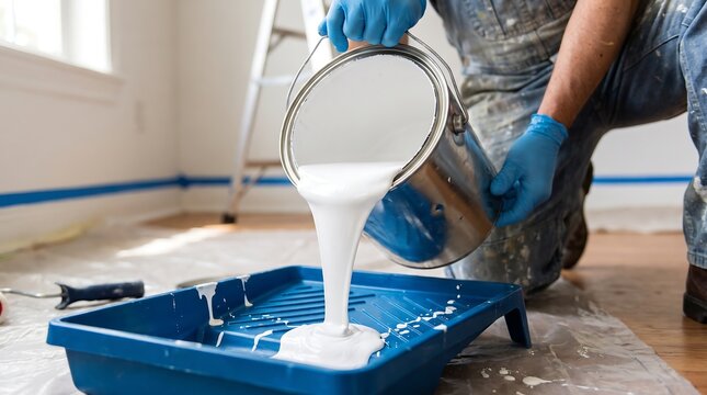 Home renovation project, a person pouring white paint into a blue roller tray, preparing for interior wall painting, DIY home improvement, fresh coat of paint