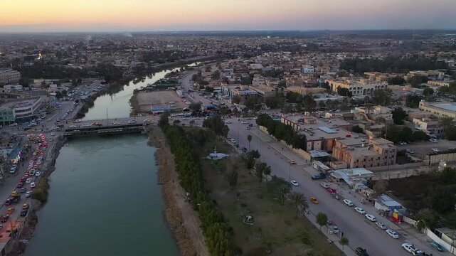 Aerial view of the city of Hilla along the Shatt al-Hilla river, Iraq