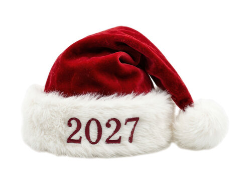Santa Claus hat with embroidered 2027 isolated on transparent