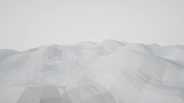 Monochrome white low poly terrain landscape moves forward with smooth undulating geometric hills in a clean 3D motion background