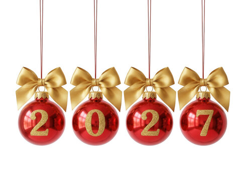 Red Christmas baubles with gold glitter 2027 and gold ribbons