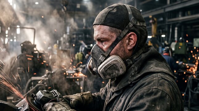 Industrial factory worker in protective mask grinding metal, male laborer in steel manufacturing plant, dark gritty atmosphere