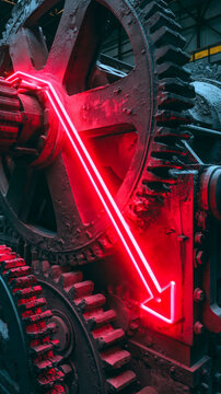 Economic recession and industrial decline concept with red arrow on gears background