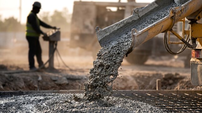 Wet concrete pouring from cement mixer chute at construction site, heavy machinery building work, professional contractor operating mixer controls