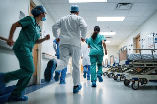 Medical team runs fast down hospital corridor toward emergency room. Doctors, nurses in scrubs rush through clinic hallway during urgent crisis. Pro healthcare staff move with speed to provide life