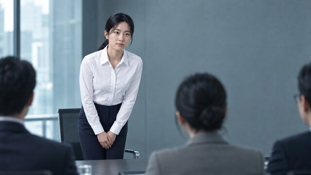 면접관 앞에서 인사하는 젊은 여성 지원자 &middot; Young Woman Bowing Politely to Interviewers at Job Interview