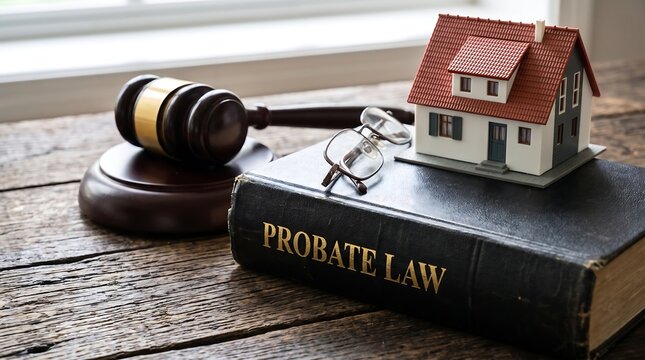 Probate law book with judge gavel and house model, real estate estate planning concept, legal advice for property inheritance