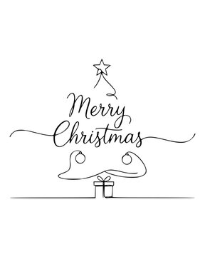 Continuous Line Merry Christmas Typography with Tree Star and Gift