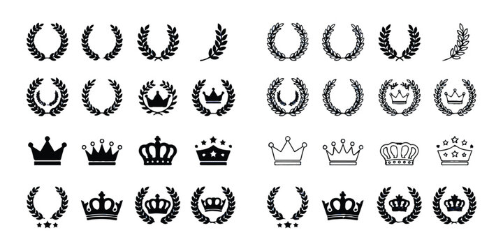 Set of black laurel wreaths and royal crowns for heraldry awards and emblems