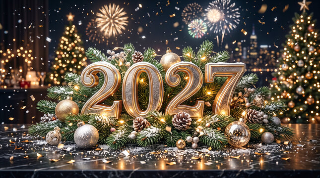 Composici&oacute;n de lujo que une Navidad y A&ntilde;o Nuevo 2027 con n&uacute;meros met&aacute;licos, ramas de abeto, adornos, nieve, luces y fuegos artificiales.