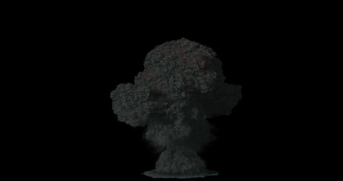 Massive explosion with a huge mushroom cloud of bright fire and dark billowing smoke on a black background. Cinematic VFX overlay for destruction and war scenes