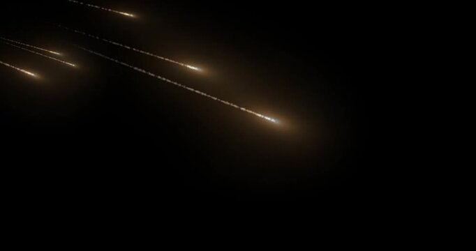 Multiple glowing shooting stars and meteor shower falling diagonally with bright light trails on a black background. Cinematic space VFX overlay