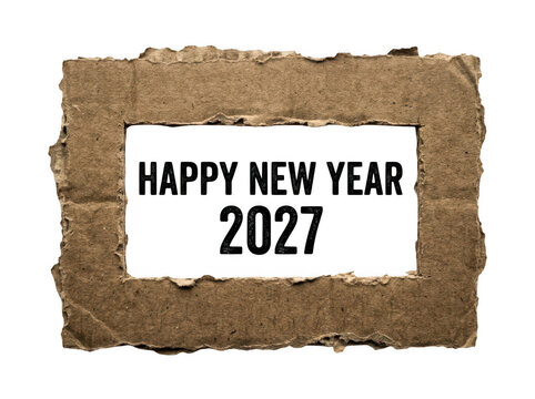 Happy new year 2027 cardboard frame isolated on transparent background